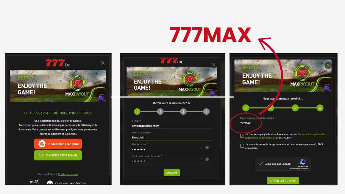 Se créer un compte sur Bet777 avec le code promo 777MAX