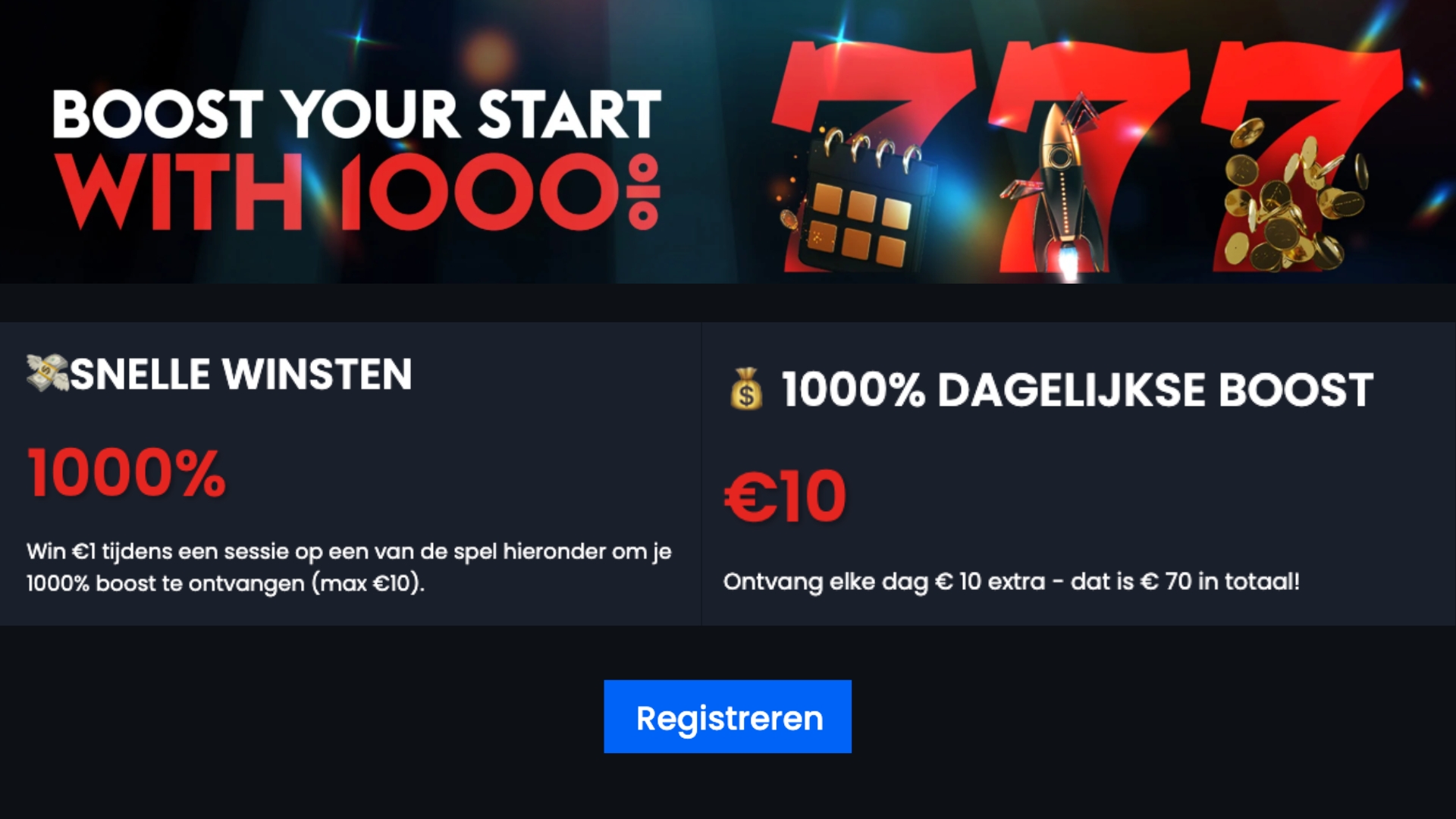 Details van de 1000% Boost Casino777: tot 70€ op gokkasten met code CASHMAX