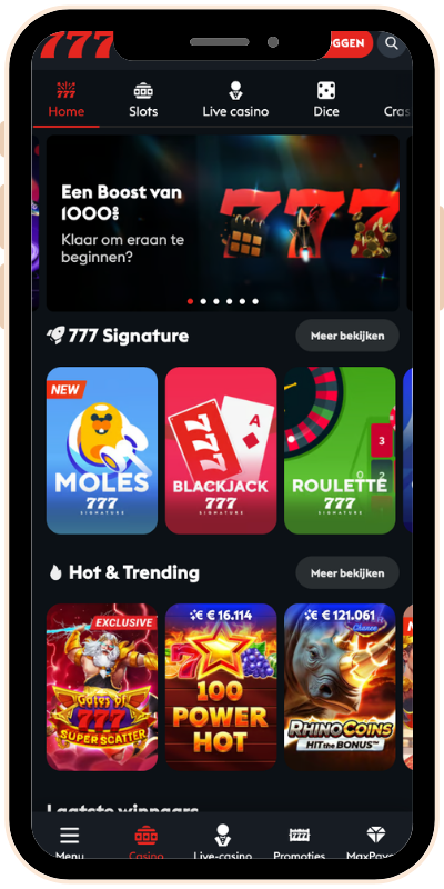 De startpagina van Casino777