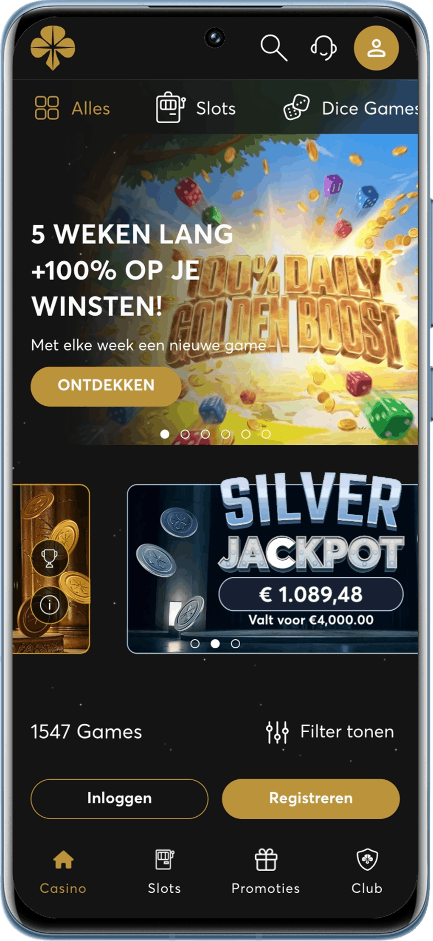Het startscherm van Golden Palace