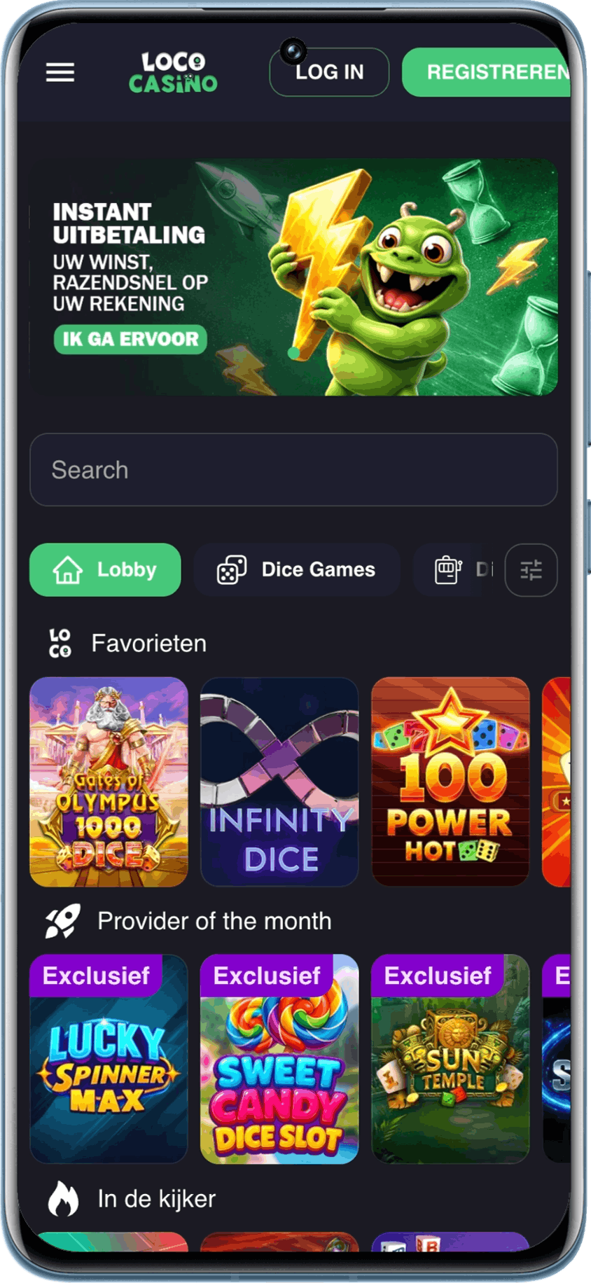 Zo ziet de homepage van Loco Casino eruit bij aankomst
