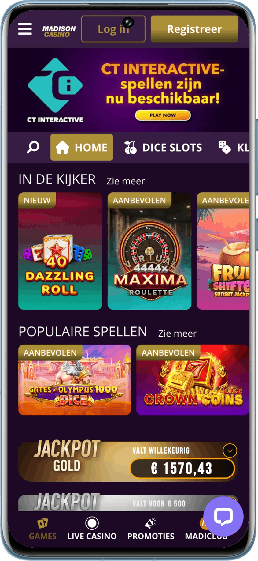 Zo presenteert Madison Casino zich op de startpagina