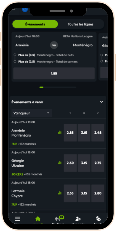 Interface de bet777 dans l'onglet foot