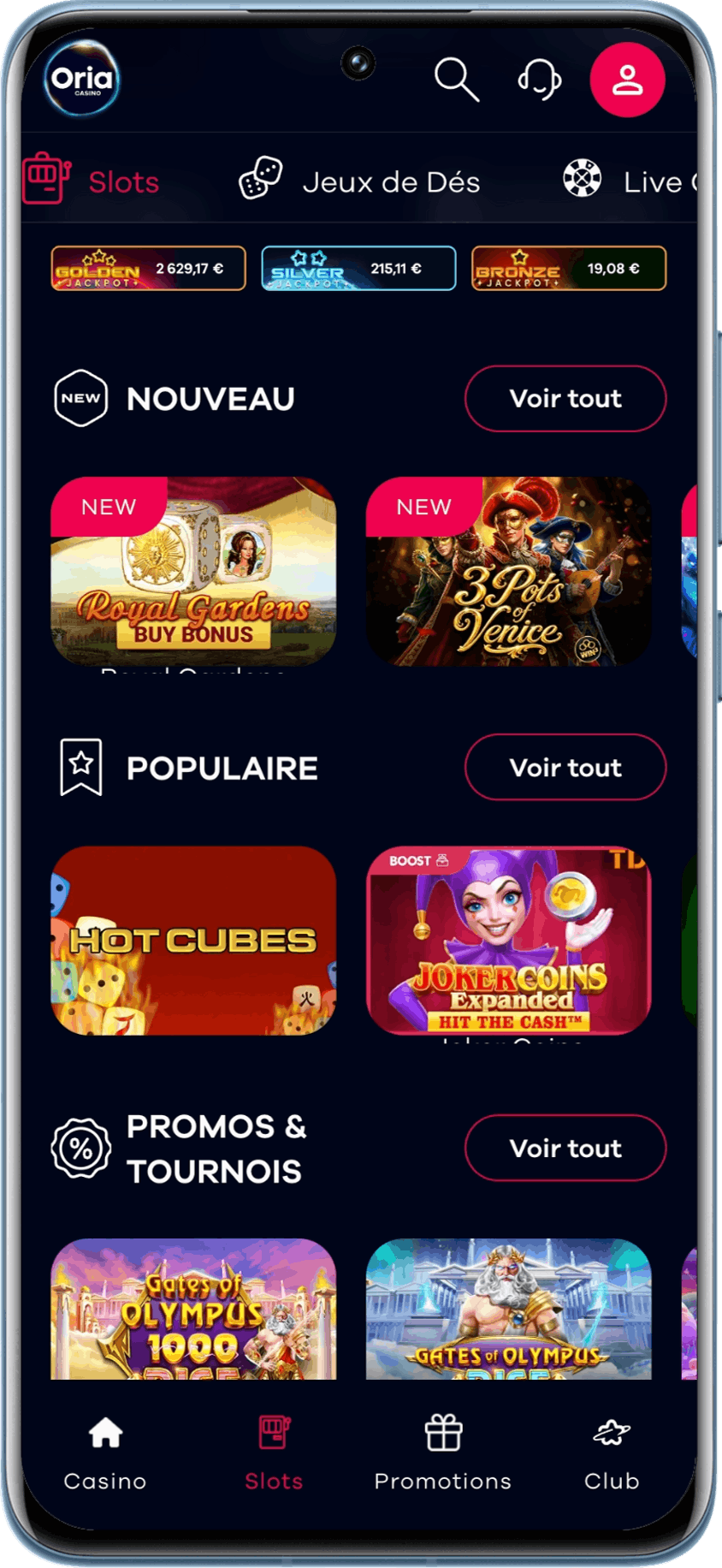 De categorie gokkasten omvat alle gokautomaten in het Oria Casino