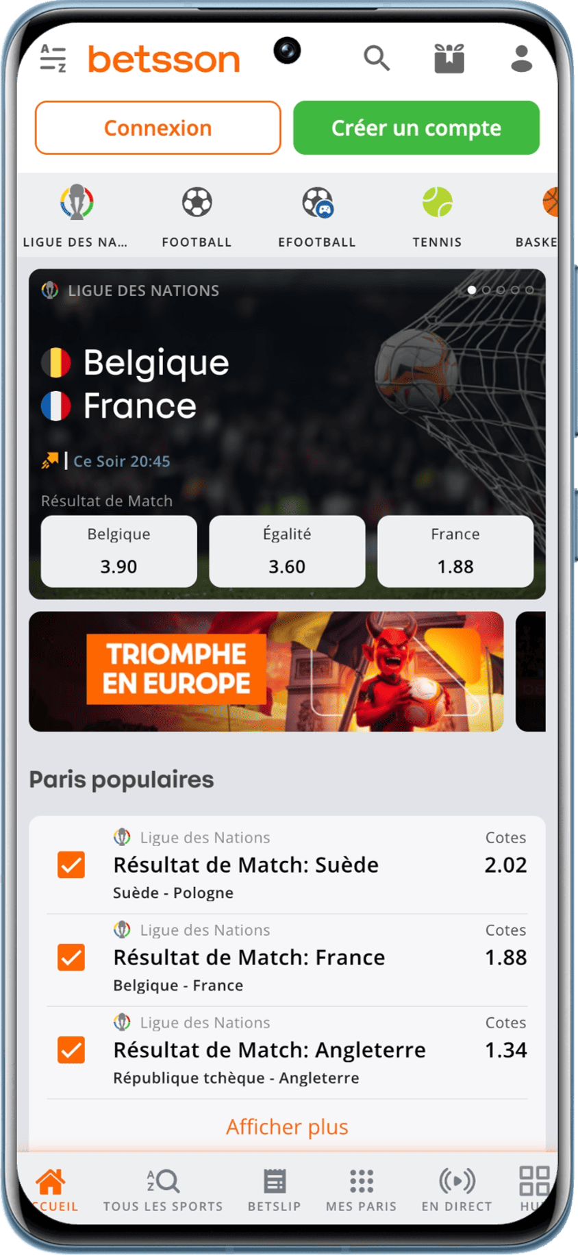 Interface de Betsson qui était anciennement BetFirst