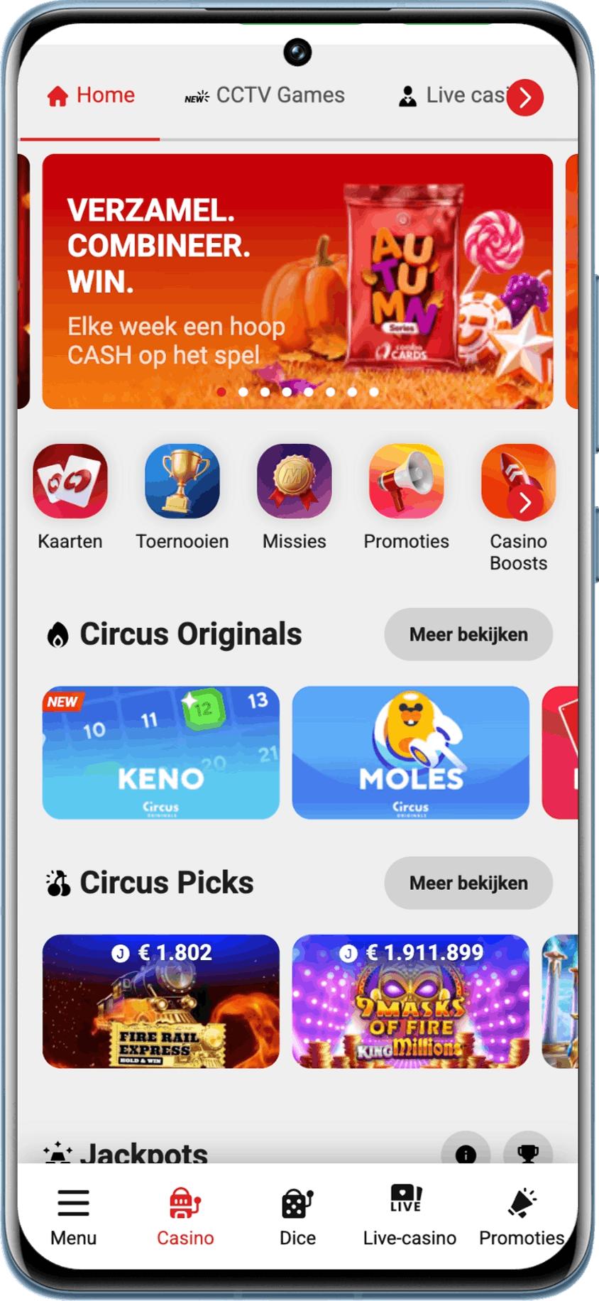 Zo ziet de homepage van Circus Casino eruit