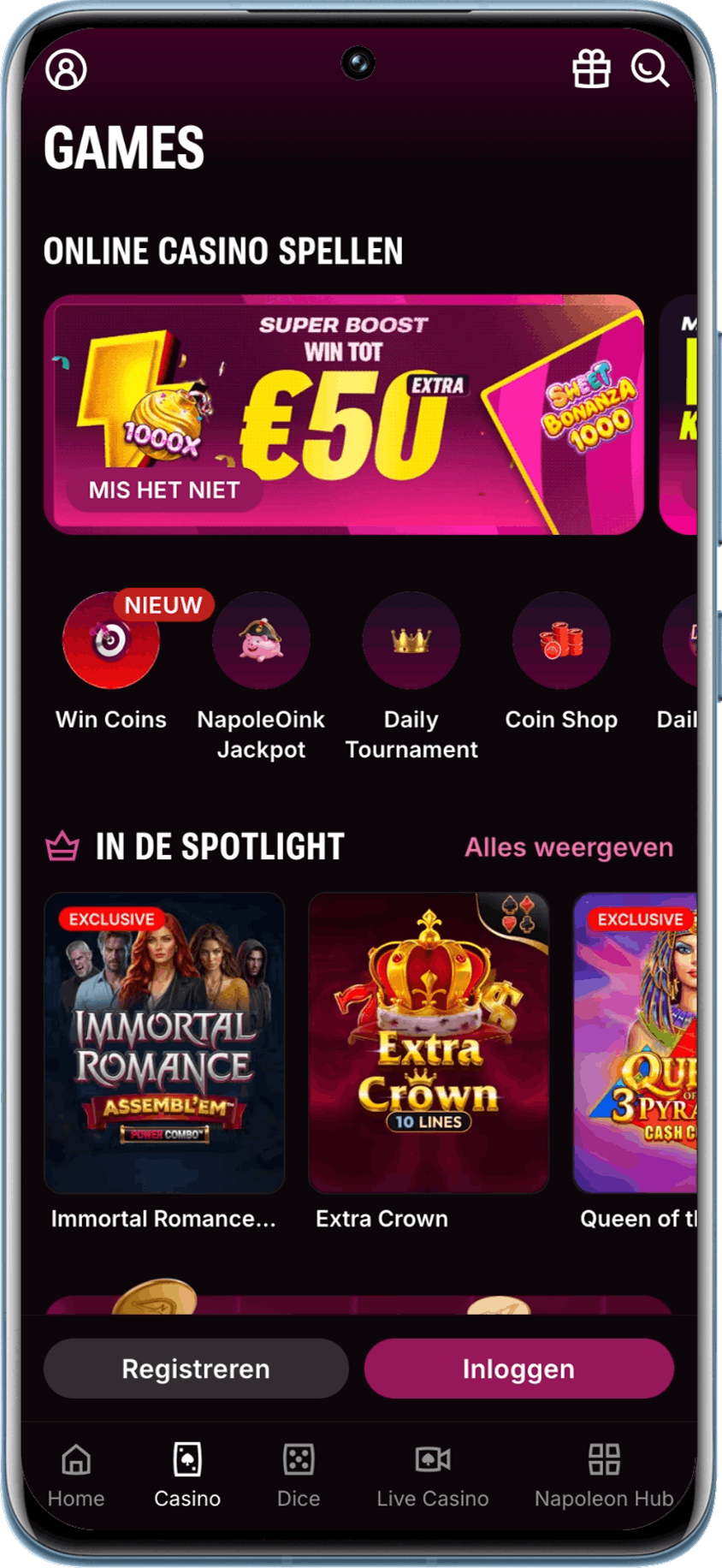 Het onthaalscherm van Napoleon Games